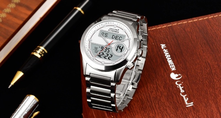 MUSLIM AZAN WATCH AL-HARAMEEN BRAND HA-6101 SILVER